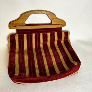 Vintage Velvet Handbag Purse Wooden Handles, Burgundy/Tan Stripe